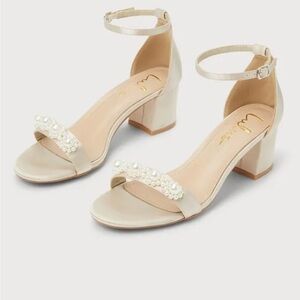 Lulus Kutest Champagne Satin Pearl Ankle Strap Heels Size 10